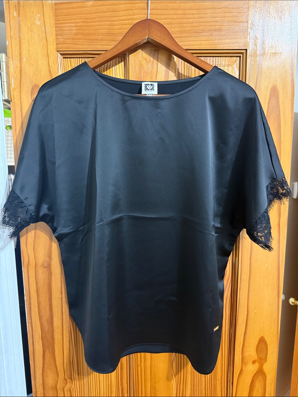 Anne Klein Black Satin Blouse with Lace-Trim Sleeves